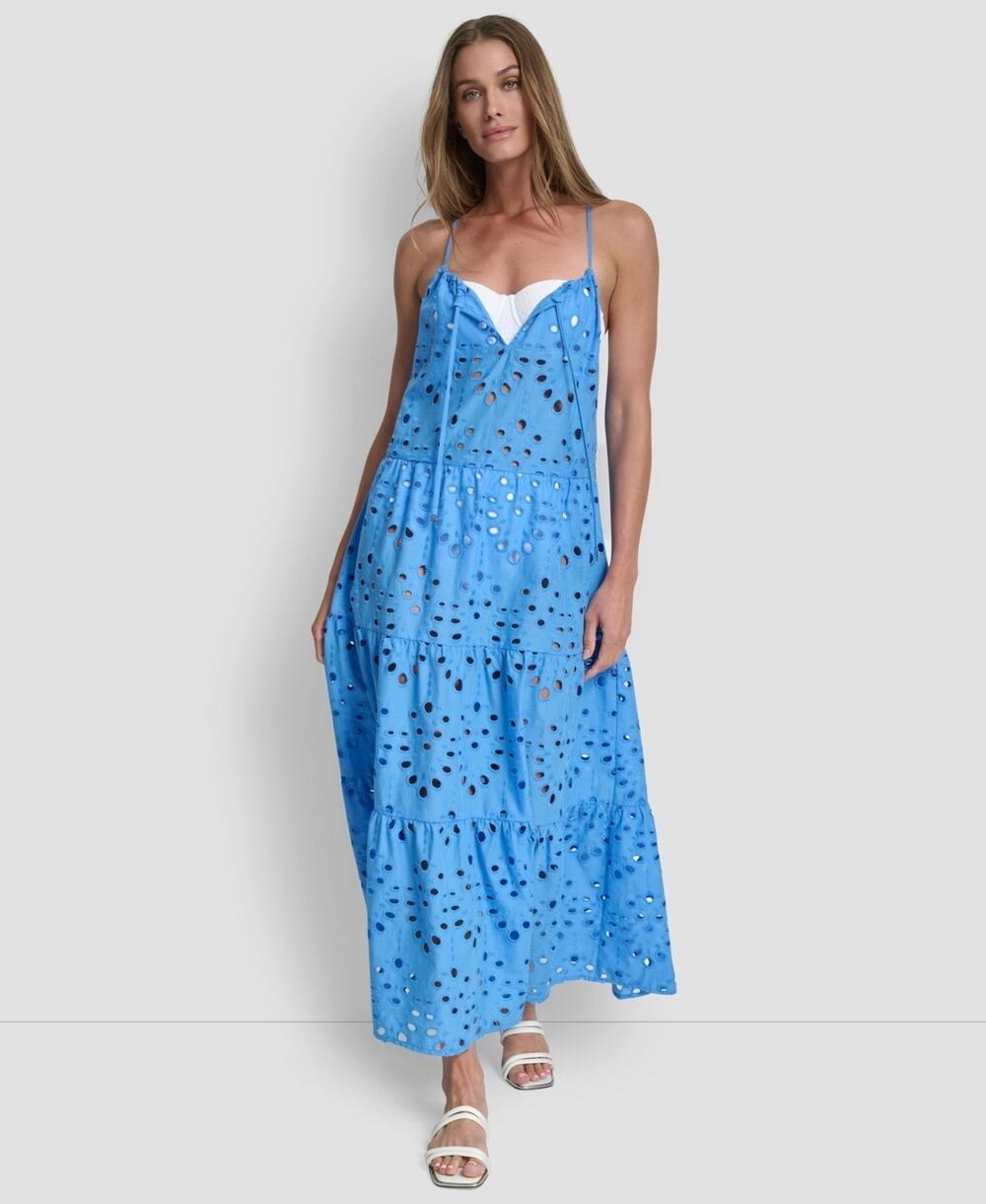 DKNY Women's Tiered Eyelet Maxi Dress Swim Cover-Up Blue Size M 3916